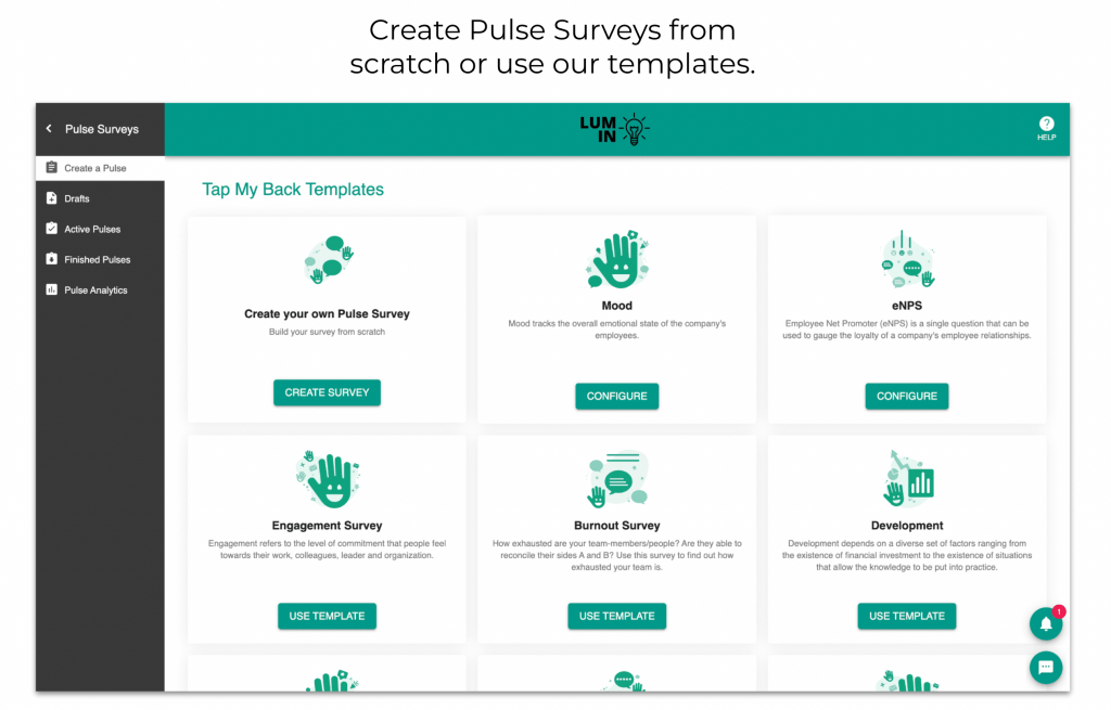 Pulse Survey templates that come with a standard Tap My Back account