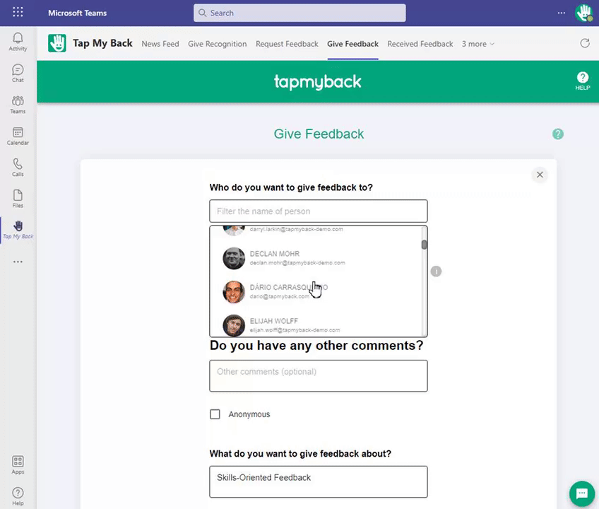 Giving feedback inside Microsoft Teams via Tap My Back app