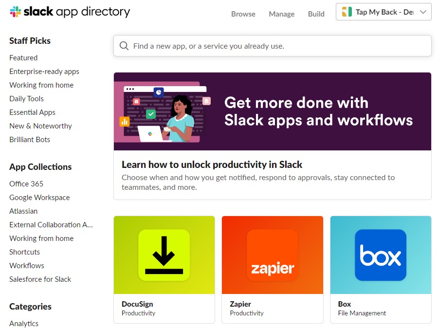 Slack app directory view with all the apps